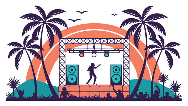 Silhouette DJ performing at tropical beach stage during sunset
