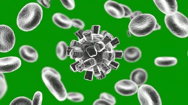 3D Virus Particle Surrounded By Red Blood Cells In Green Background For Health And Scientific Visualizations
