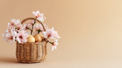 Obraz premium Minimal Easter basket scene on a soft beige pastel background, basket reduced to a small compositional anchor in the lower corner, vast clean copy space dominating the frame