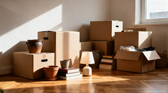 Cardboard boxes and household stuff indoors, space for text. Moving day