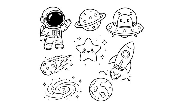 Space Outline Set PNG &ndash; UFO, Rocket, Astronaut, Stars & Galaxy Vector Collection Black Silhouette Art