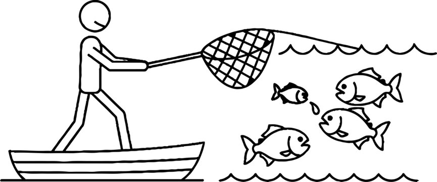 Fisherman in Rowboat Catching School of Fish with Net