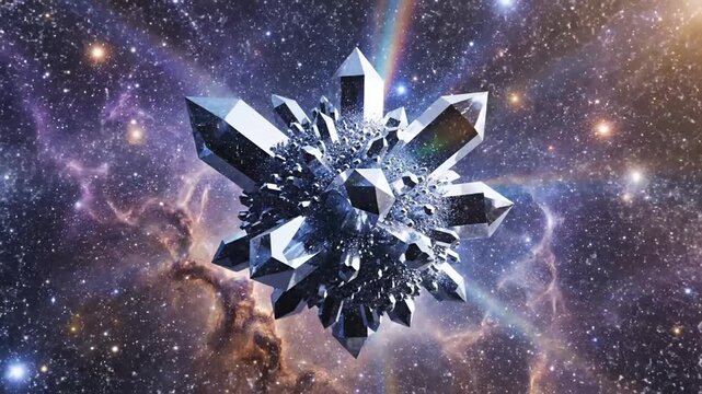 Bright crystal cluster shines in colorful starfield of deep space.