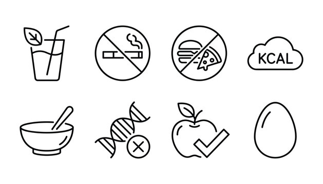 Healthy lifestyle icons in a row with a drink no smoking no junk food kcal mortar DNA and egg