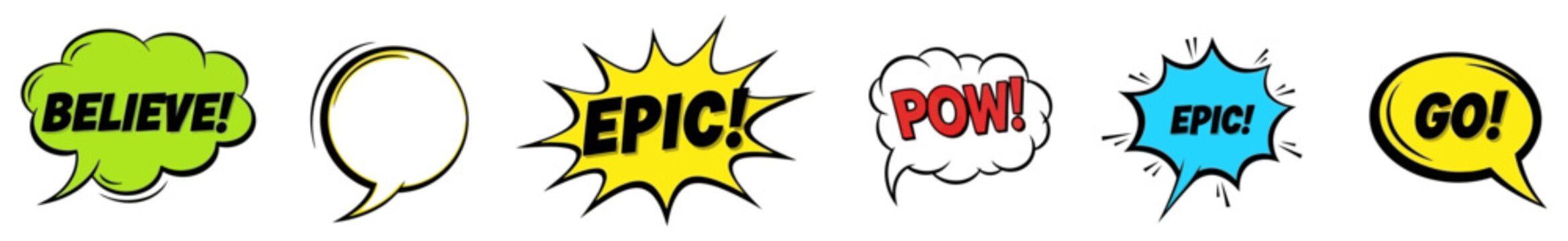Comic book speech bubbles with energetic words vector illustration