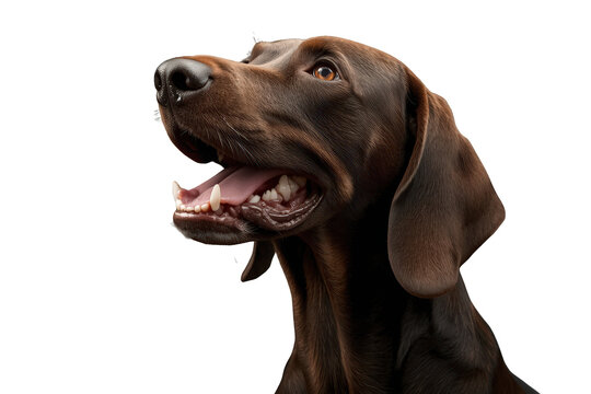 Brown german shorthaired pointer dog looking up with open mouth and pink tongue, showing teeth. Transparent background