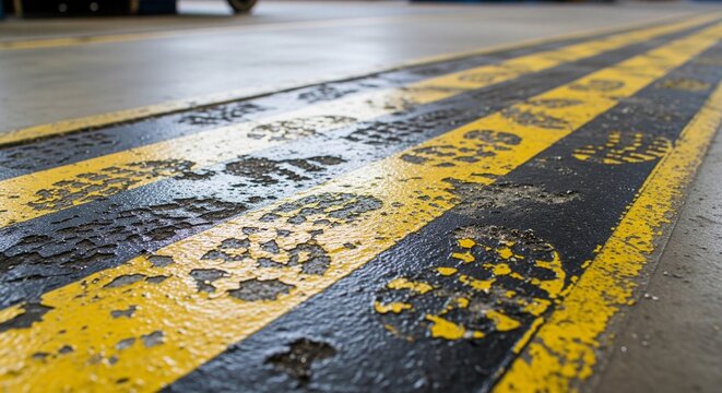Close-up of a yellow and black striped safety walkway on a concrete floor covered with many dirty boot footprints and scuff marks