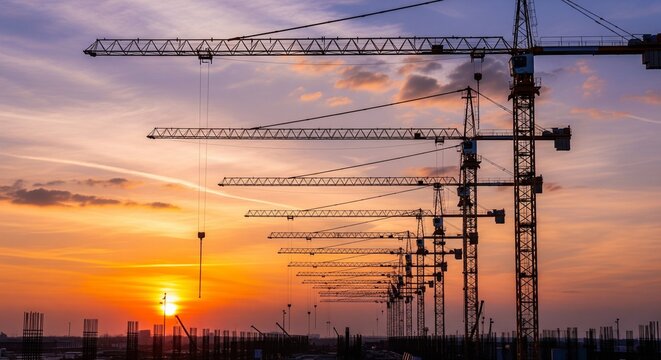 A row of several tall construction tower cranes silhouettes against a beautiful orange and purple sunset sky at a development site.