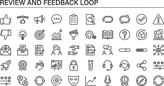 Review and feedback loop outline icon set with customer evaluation ratings communication analysis improvement and business workflow vector collection