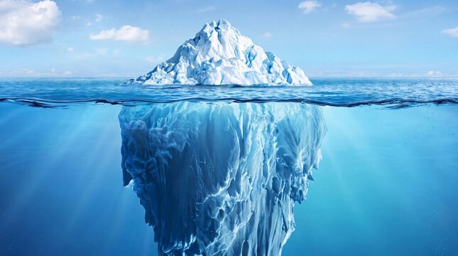 Massive iceberg floating in deep blue arctic ocean water with underwater view.