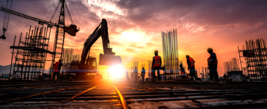 Obreros de la construcci&oacute;n con chalecos de seguridad y cascos trabajando en una gran obra de infraestructura. Empresa constructora certificada que garantiza el cumplimiento de las normas de seguridad