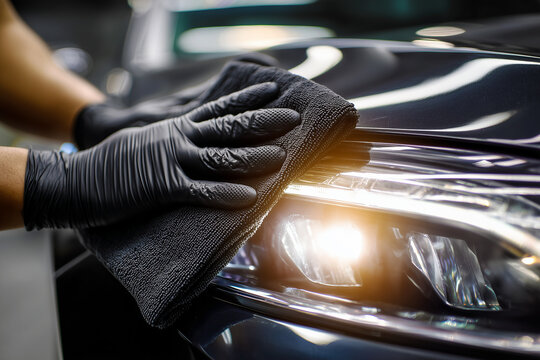 Manos enguantadas de negro pulen los faros y el cap&oacute; de un coche de lujo con un pa&ntilde;o de microfibra gris oscuro. Servicio de detallado de coches de primera calidad que devuelve el brillo de exposici&oacute;n.