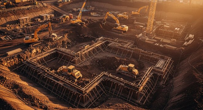 High angle view of large building foundation construction site layout
