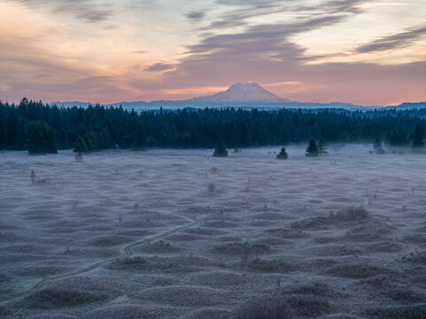 Aerial view of Mima Mounds Natural Area Preserve with unique earth mounds and a winding path under a sunrise sky with Mount Rainier in the distance Olympia, Washington, United States.