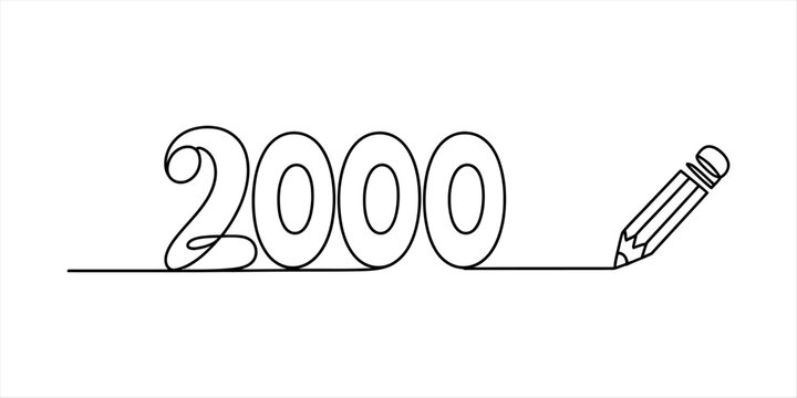 Continuous single line drawing of the number 2000 written with a wooden pencil as a creative concept for new year celebration and milestone anniversary design Vector, illustration