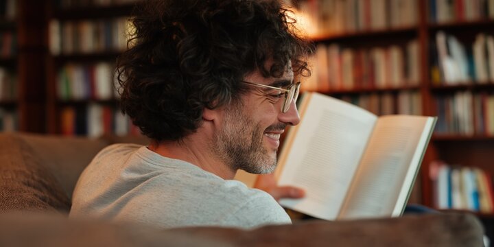 Bearded man laughing while reading paperback in study room