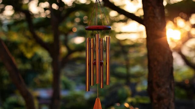 Wind chimes swaying in a tree at sunset