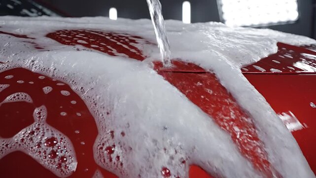 Closeup of Red Car Being Washed with Luxurious Foam.