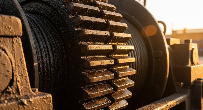 A close-up of a large, heavy industrial gear mechanism with thick metal teeth, covered in grease. A thick steel wire cable is wound around a winch drum next to it.