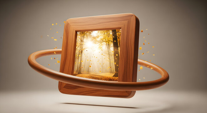 Wooden frame with forest scene and orbiting ring
