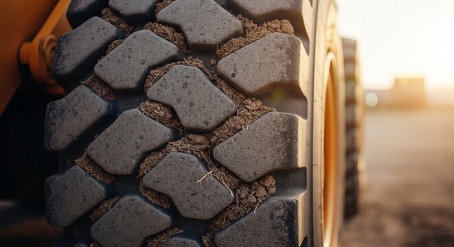 A detailed macro shot focusing on the thick rubber tread of a large industrial vehicle tire. The deep zig-zag grooves are packed with dry soil and gravel