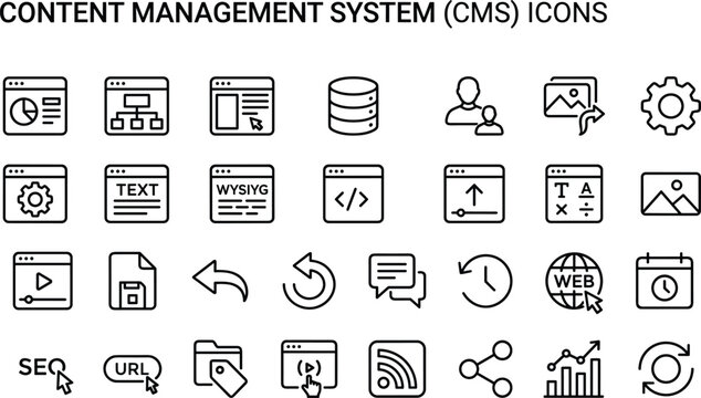 Content management system icons set featuring CMS tools editing publishing analytics and website administration elements for digital platforms