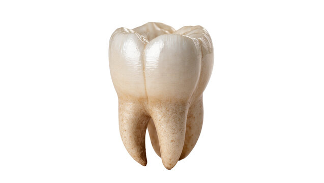 Human molar tooth with visible roots and enamel, isolated on transparent background