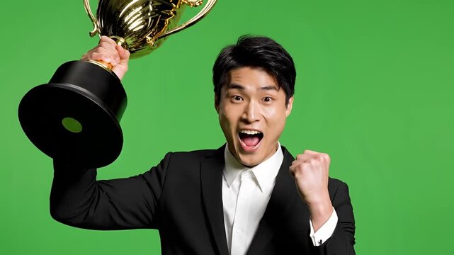 Excited Asian Businessman Celebrates Victory Holding Golden Trophy.