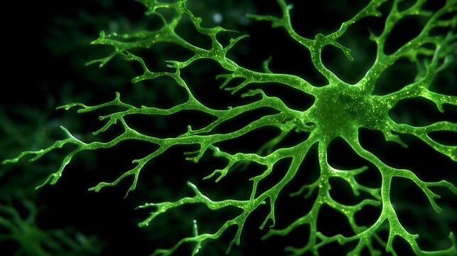 Animated synaptic spine elongation captured in a fluorescence microscopy render, vivid green dendritic branches extending in real time against a black field, perfect for synaptic plasticity, memory