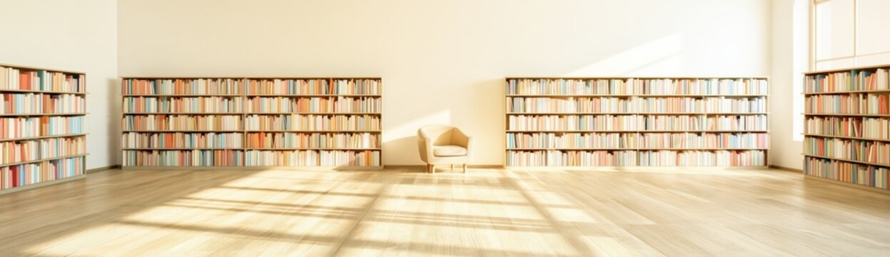 Single armchair positioned in sunlit spacious library hall