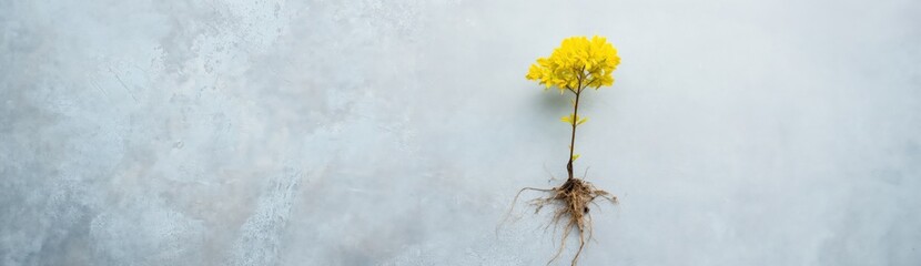 Fototapeta premium Single yellow flower showing roots on textured gray surface