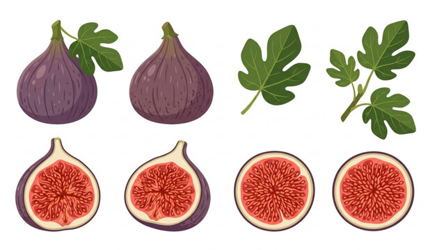 Whole and sliced fig fruit vector illustration with detailed seeds and thin skin isolated on white