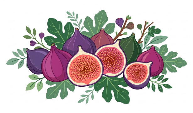 Fresh fig fruit collection with sliced seed filled figs in elegant botanical vector style