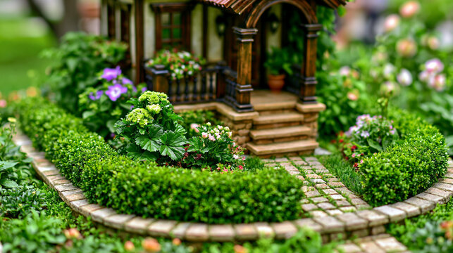 Miniature house with detailed garden landscape and stone path miniature greenery