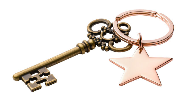 Antique brass key with rose gold star charm, isolated on transparent background