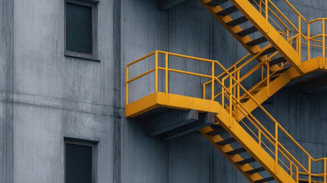 A close-up view of a yellow fire escape staircase against a concrete building&rsquo;s wall