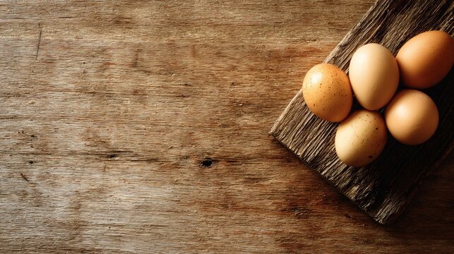 Wooden table with a small cluster of eggs positioned in the top right corner, natural texture visible, rest of the frame empty, warm daylight creating soft gradients