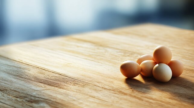 Wooden table with a small cluster of eggs positioned in the top right corner, natural texture visible, rest of the frame empty, warm daylight creating soft gradients