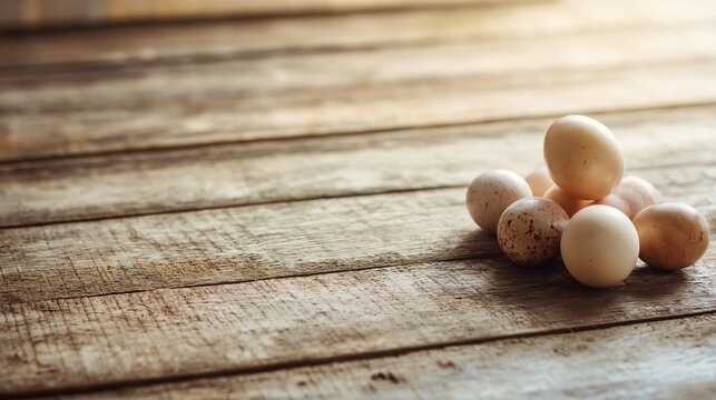 Wooden table with a small cluster of eggs positioned in the top right corner, natural texture visible, rest of the frame empty, warm daylight creating soft gradients