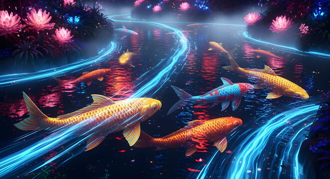 Neon Koi Fish Swimming Together.
