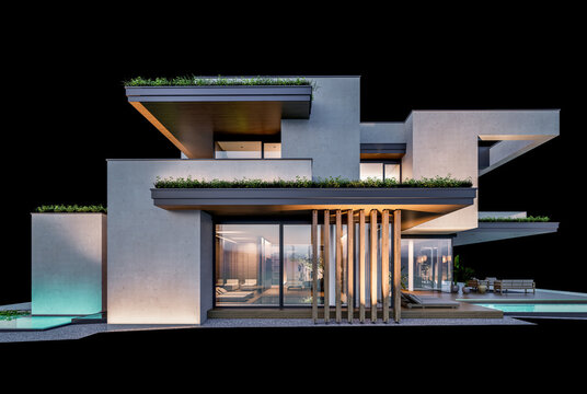 3d rendering of two-story house with parking and pool for sale or rent with concrete facade and beautiful landscaping on background. Clear night isolated on black