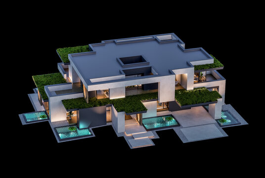 3d rendering of two-story house with parking and pool for sale or rent with concrete facade and beautiful landscaping on background. Clear night isolated on black