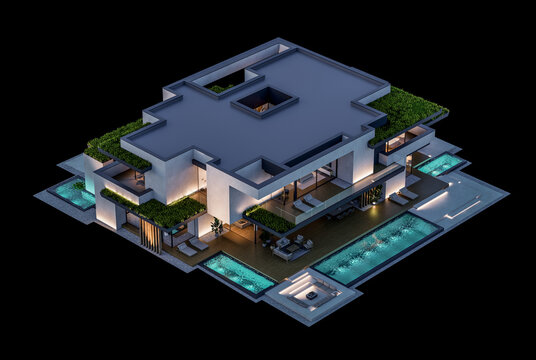 3d rendering of two-story house with parking and pool for sale or rent with concrete facade and beautiful landscaping on background. Clear night isolated on black