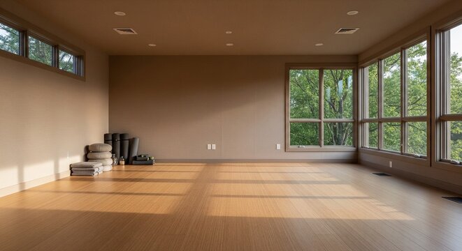 Empty yoga or dance studio with beige walls, wooden floor, big windows with forest view, and yoga mats stacked in the corner. Sunbeams on the floor