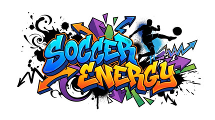 Fototapeta premium Vibrant graffiti-style typography spelling 'Soccer Energy' with colorful splatter and spray paint effects, creating a dynamic and energetic composition.