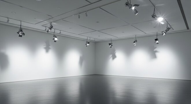Empty art gallery room with white walls and track spotlights