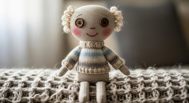 Cute handcrafted fabric rag doll sitting on knitted texture.