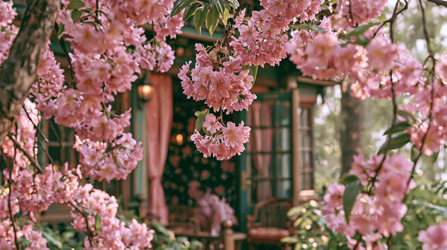 Close-up of pink cherry blossoms frame a charming wooden gazebo in spring garden