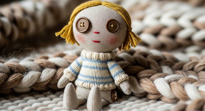 Handmade textile doll with button eyes on knitted blanket.