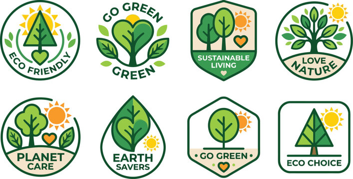Eco-friendly badge collection features various green tree and heart symbols designed for environmental branding and sustainable product labeling.